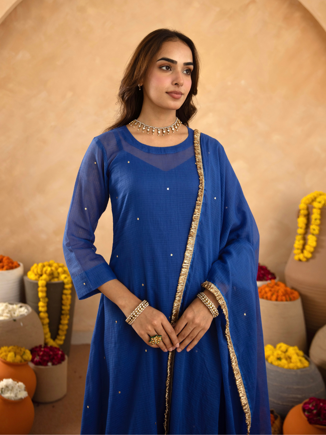 "Royal Blue Doria Hand Embroidered A- Line Kurta  Set"