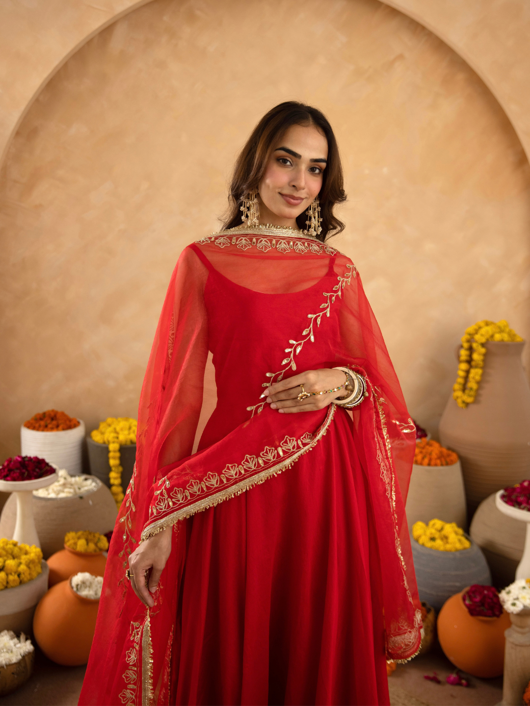 Red Chanderi Anarkali with Aari Work & Sequin Embellished  Dupatta