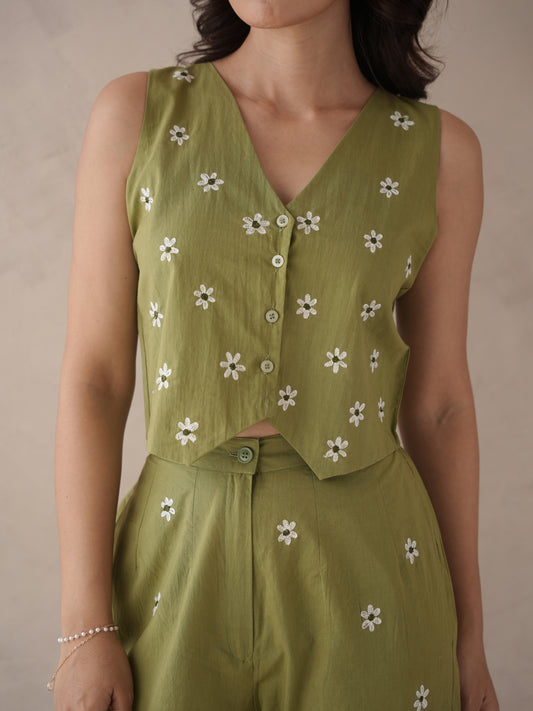 Serra Olive Embroidery Cotton Co-ord Set