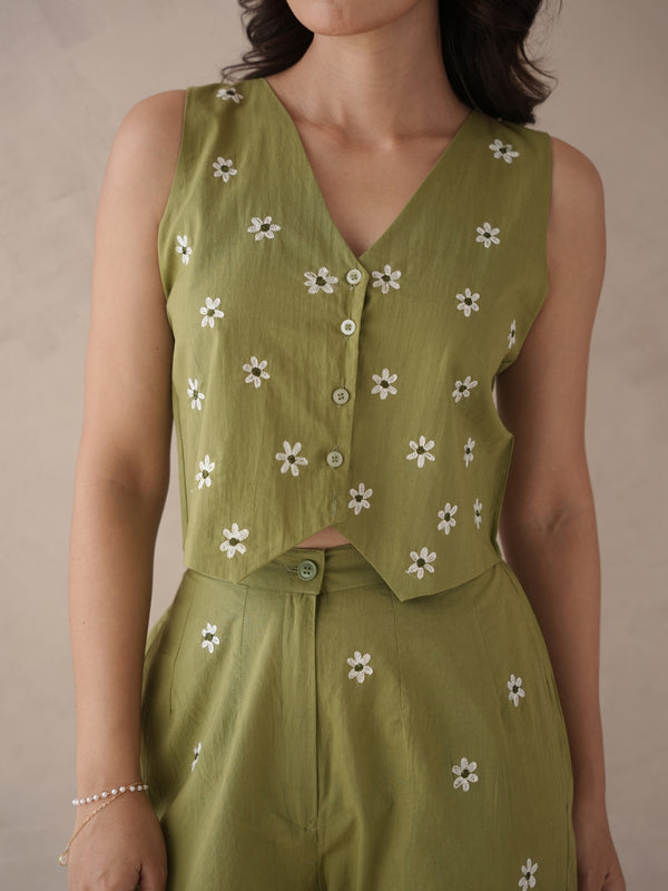 Serra Olive Embroidery Cotton Co-ord Set