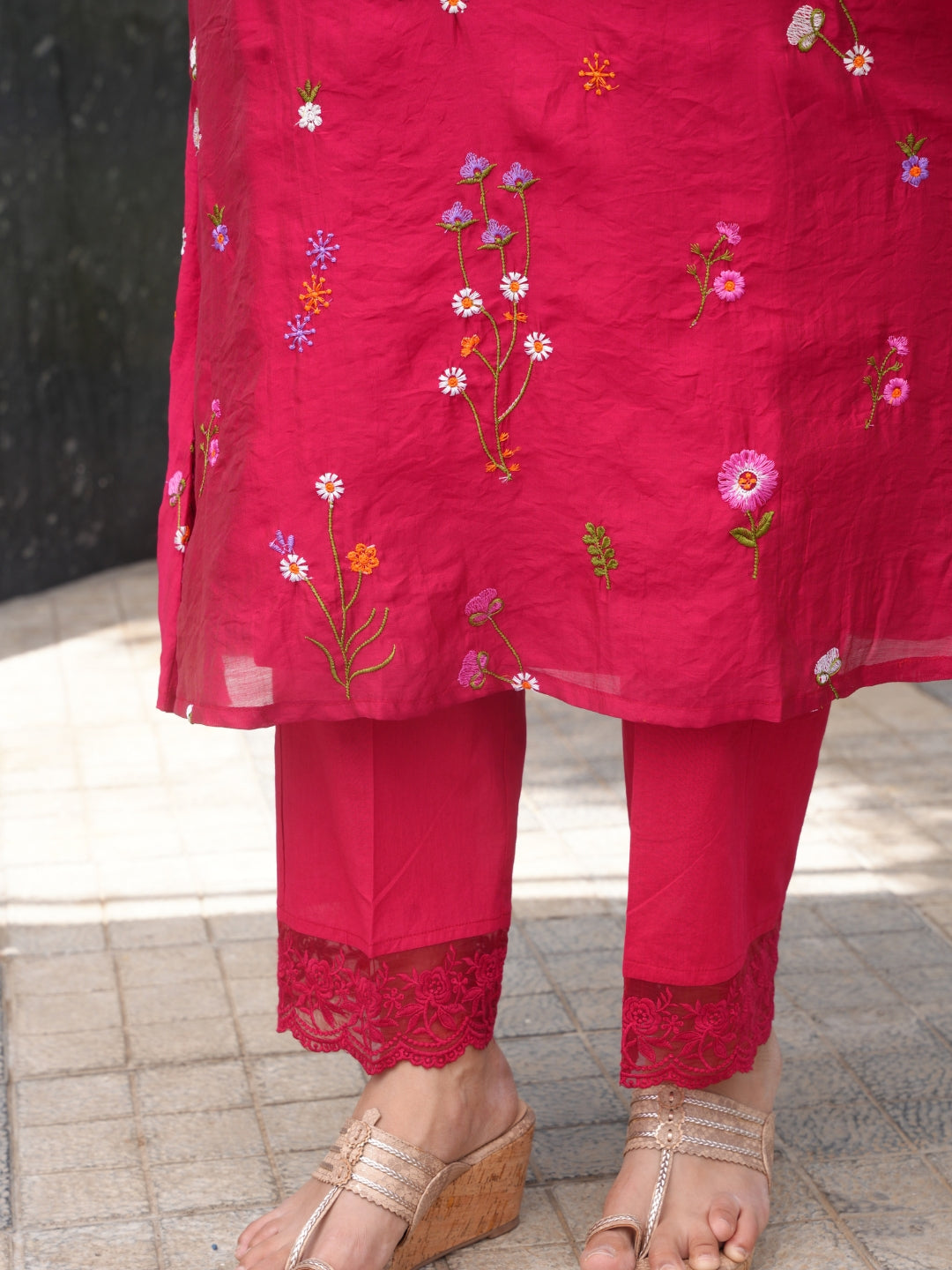 Dark Pink Chanderi Floral Embroidered Kurta Set