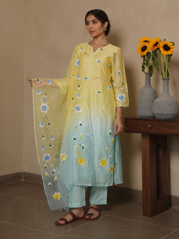 FLAMINGO YELLOW SHADED CHANDERI HAND PAINT SUIT SET