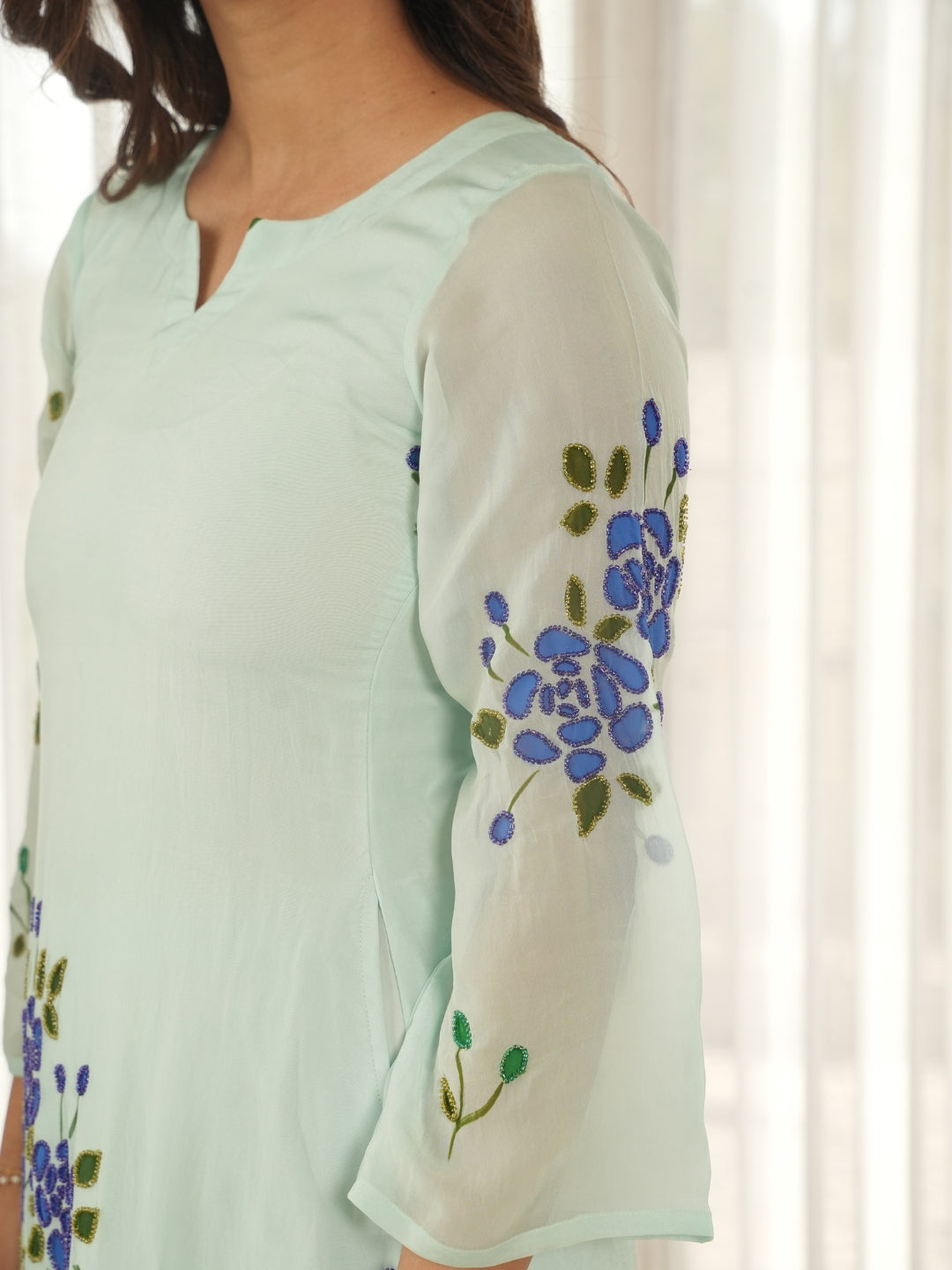 Mint Blossom Handpainted Organza Suit Set