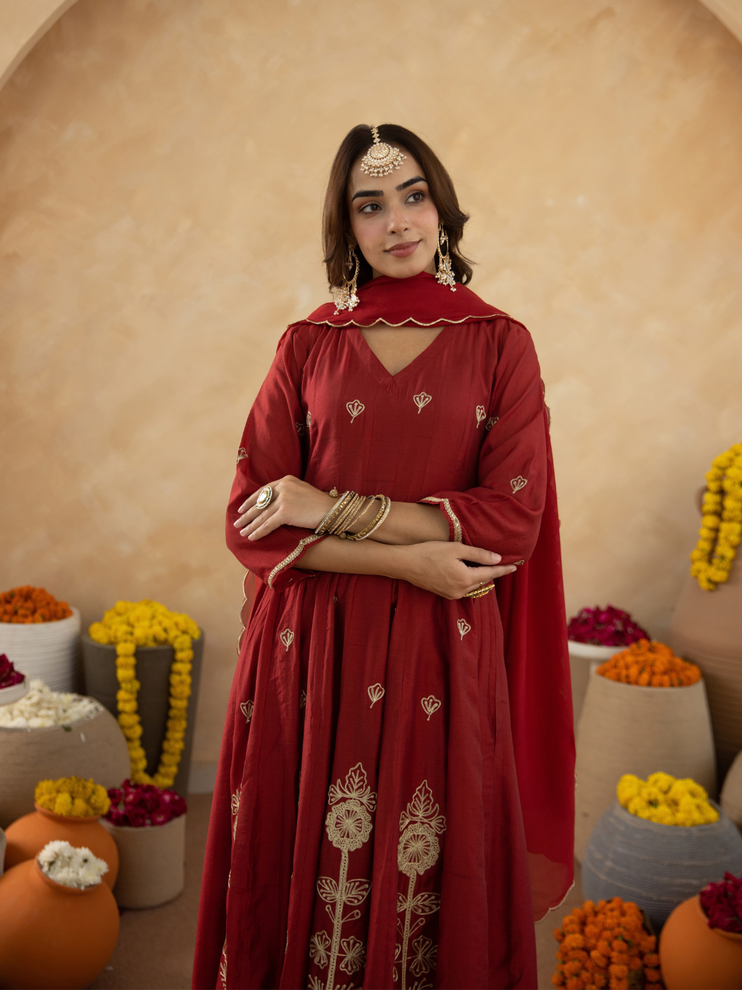 Maroon Floral Aari Embroidered Anarkali Set