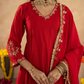 Red Hand Embroidered Chanderi Gathered Kurta Set with  Sequin Dupatta