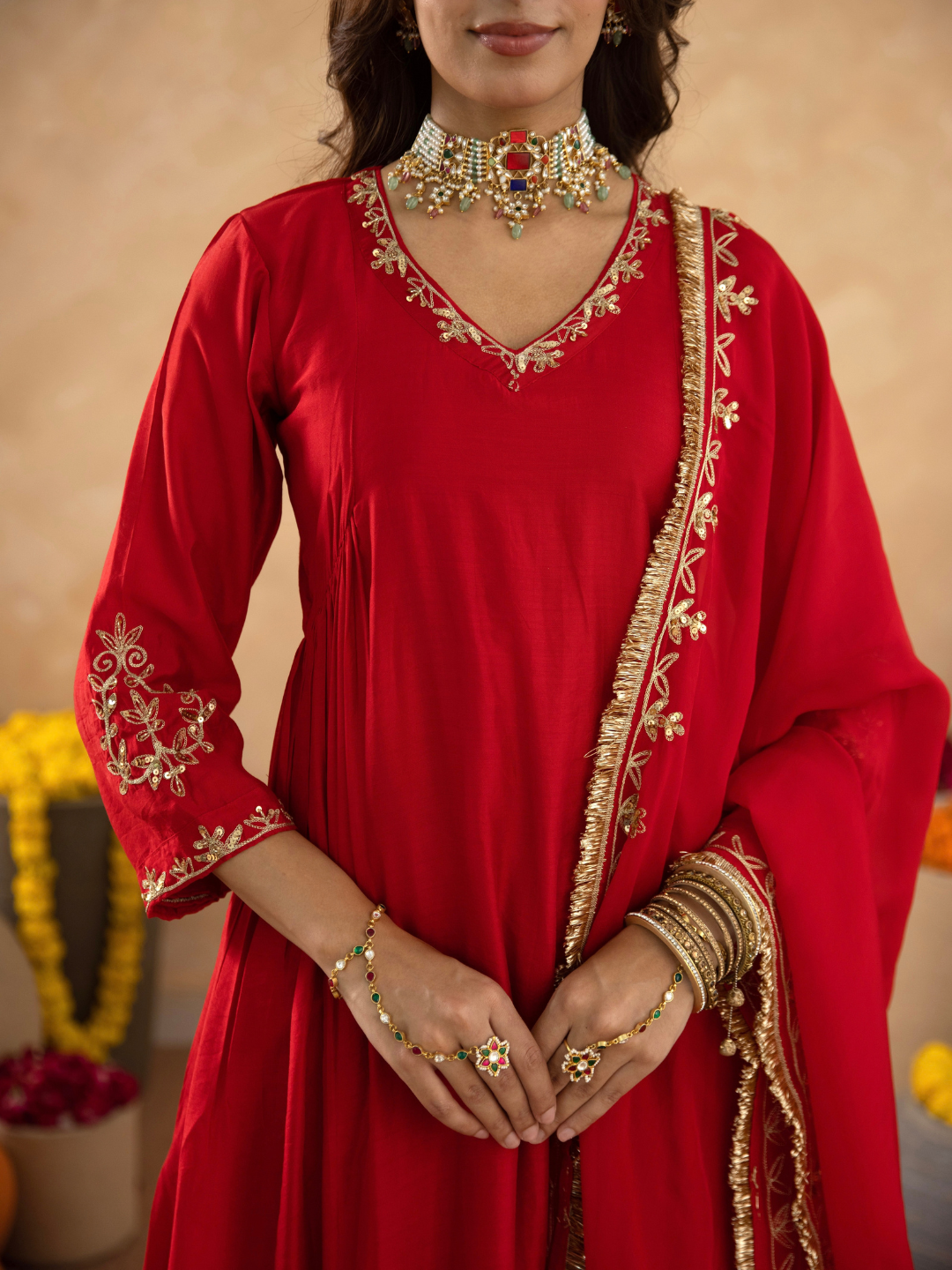 Red Hand Embroidered Chanderi Gathered Kurta Set with  Sequin Dupatta