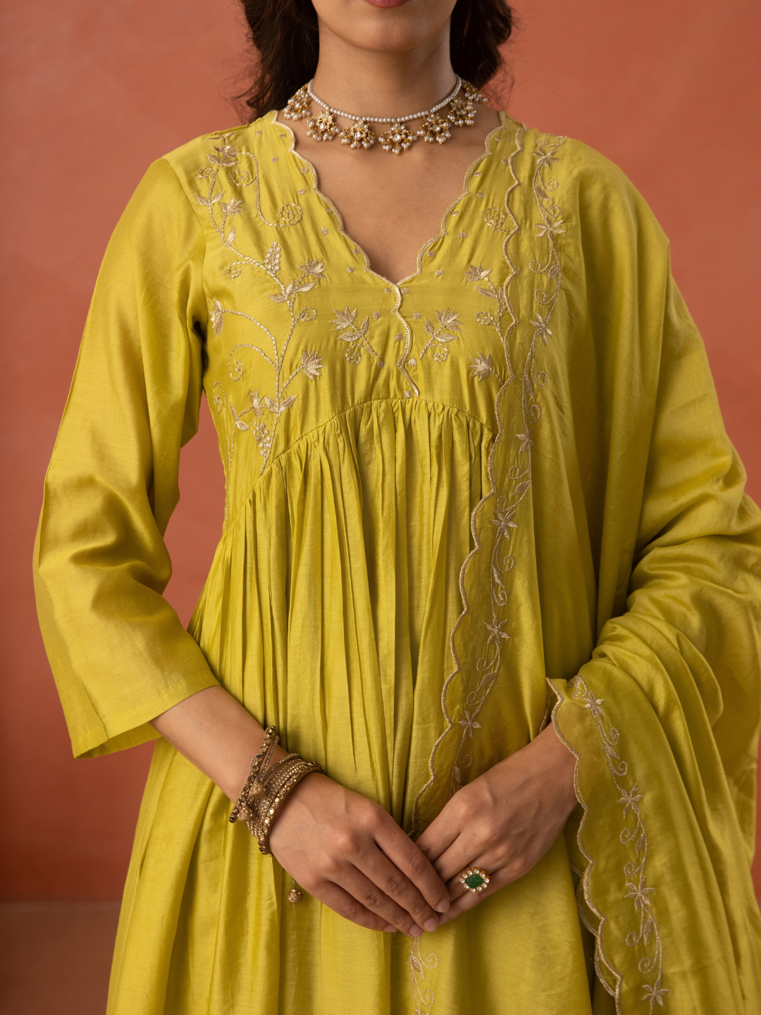 Mustard Yellow Chanderi Zari Embroidered Gathered  Kurta Set