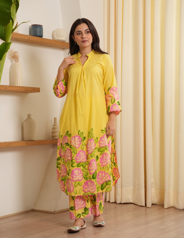 Elsie Yellow Cotton  Handpaint Kurta Set