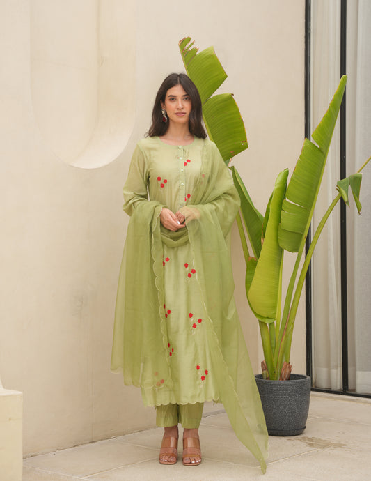 Pista Chanderi Floral Embroidered Suit Set