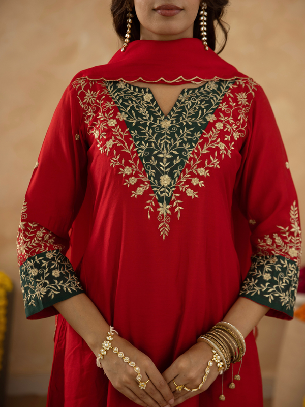Red Zari Embroidered A-Line kurta with Dupatta