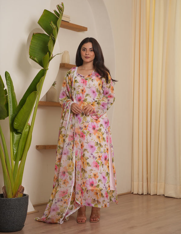 Snow White Chiffon Floral Straight Suit Set