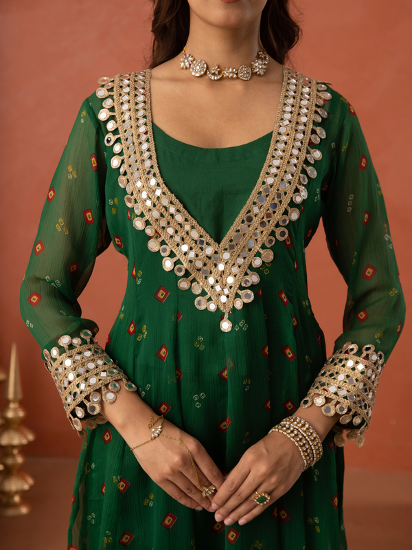 Green Chiffon Bandhej Mirrorwork Kurta Set