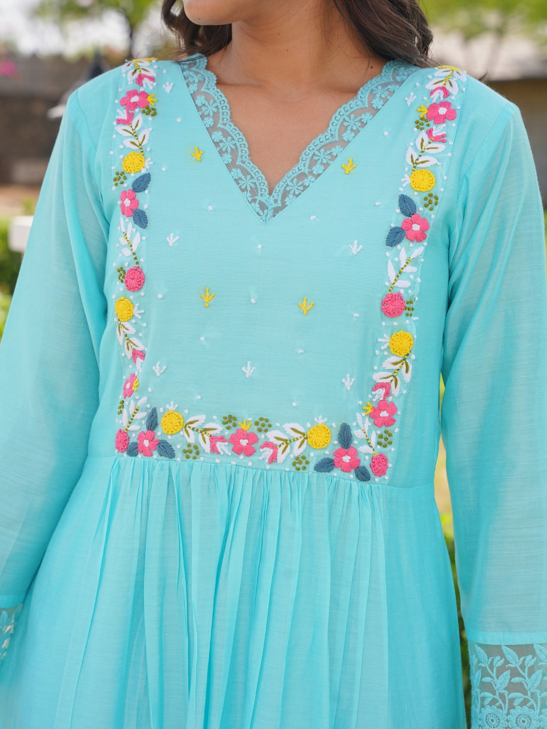 Aqua Blue Floral Handwork Chanderi Kurta Set