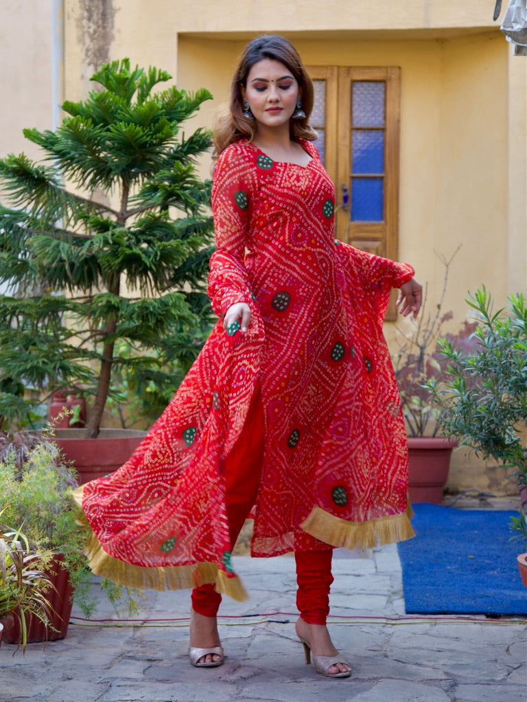 Raas red bandhani suit set – OneWe India