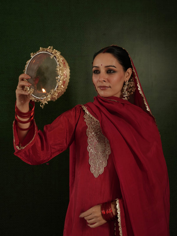 CHAAND DARK RED SILK ZARIWORK SUIT SET