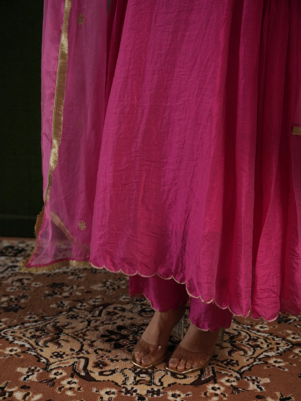 CHAAND BERRY PINK CHANDERI CUTWORK EMBROIDERED SUIT SET