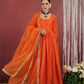 CHAAND ORANGE SILK GATHERED AARIWORK SUIT SET