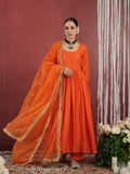CHAAND ORANGE SILK GATHERED AARIWORK SUIT SET