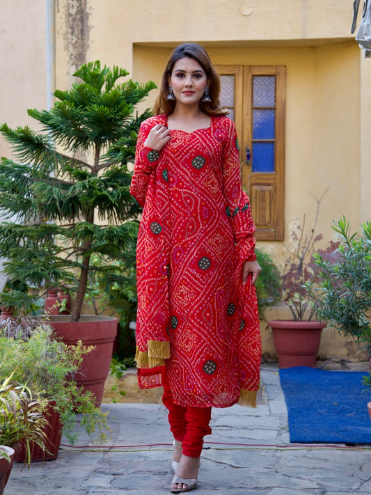 Raas red bandhani suit set