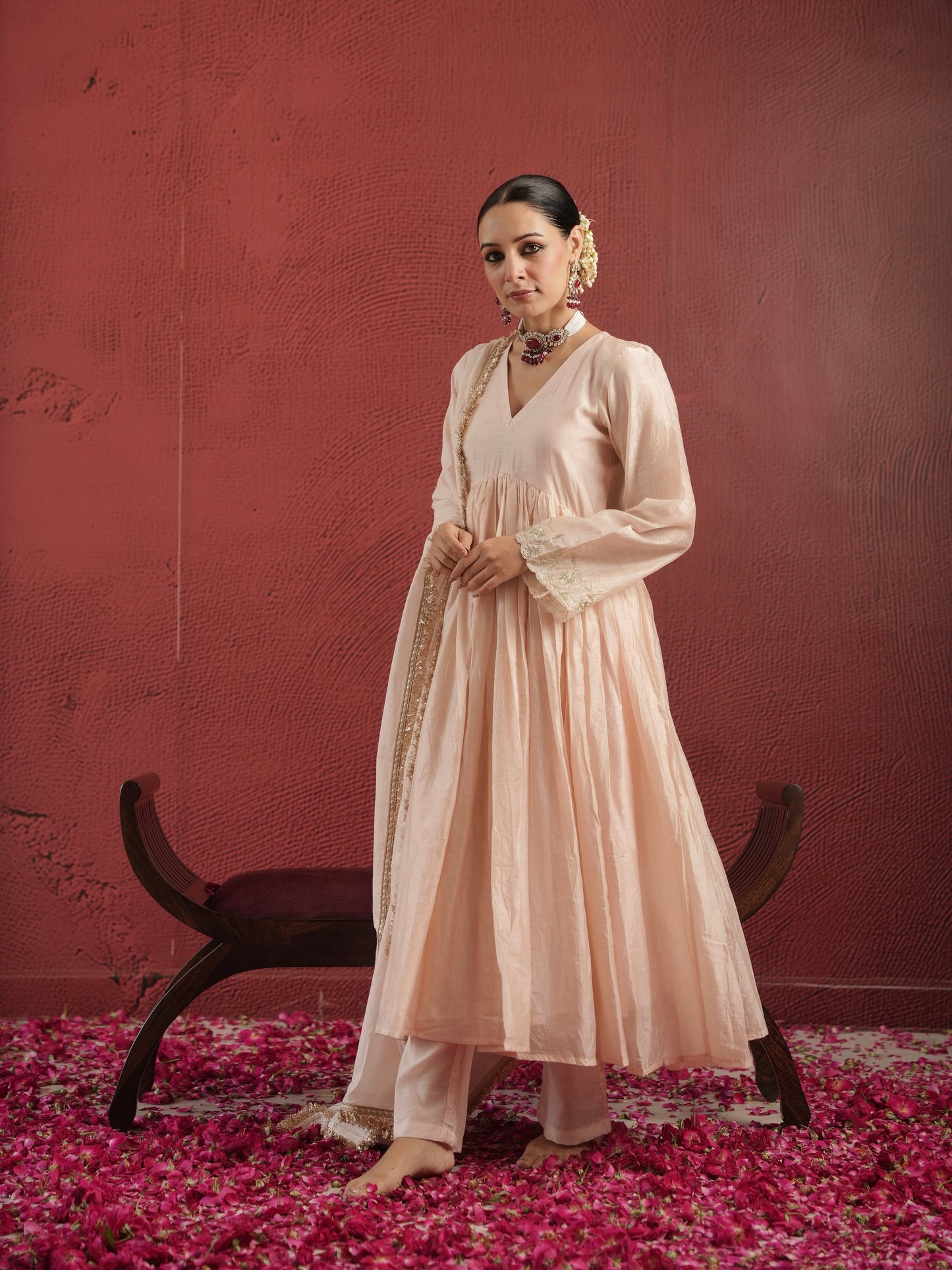 CHAAND DUST PEACH CHANDERI AARIWORK SUIT SET