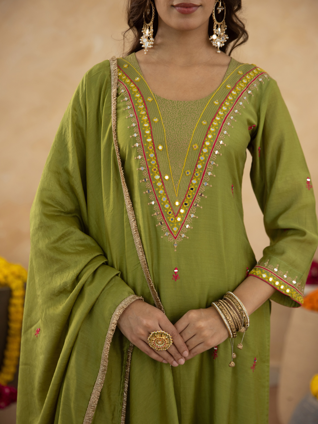 Green Handcrafted Chanderi Mirrorwork Straight Kurta Set
