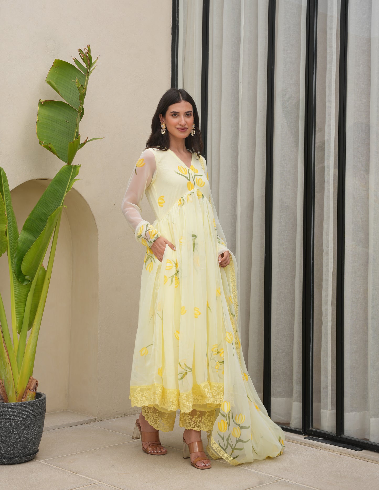 Periwinkle Yellow Chiffon Handpaint Suit Set