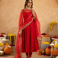 Red Chanderi Anarkali with Aari Work & Sequin Embellished  Dupatta