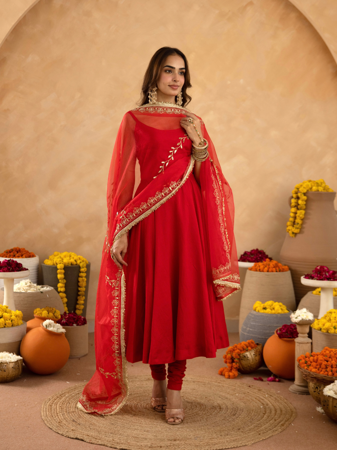 Red Chanderi Anarkali with Aari Work & Sequin Embellished  Dupatta