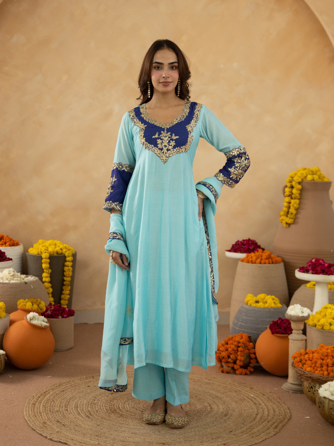 Sky Blue Chanderi A-Line Kurta Set with Handwork Detailing &  Organza Dupatta