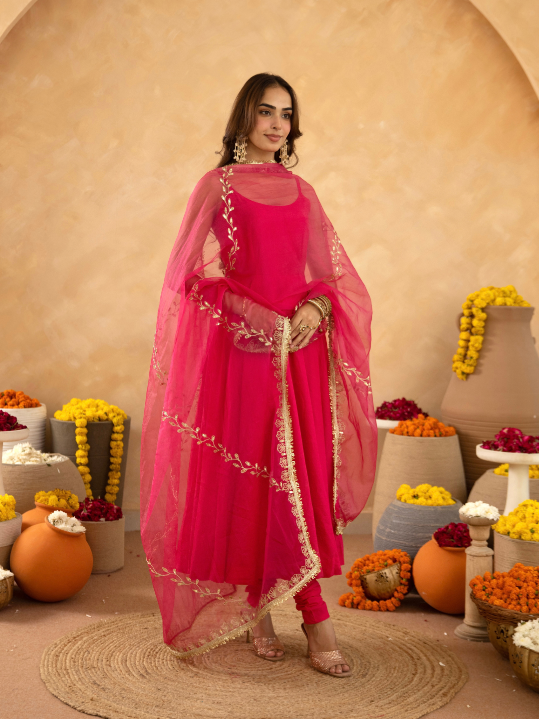 Fuchsia Chanderi Anarkali with Aari Work & Sequin Embellished  Dupatta