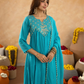 Cyan Blue Chanderi Aari & Handwork Gathered Kurta Set