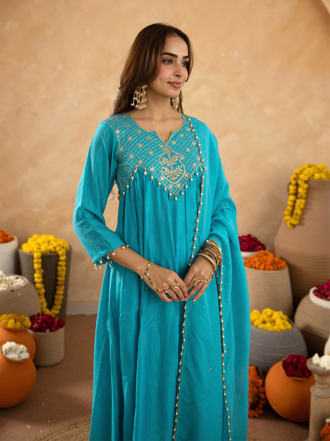Cyan Blue Chanderi Aari & Handwork Gathered Kurta Set