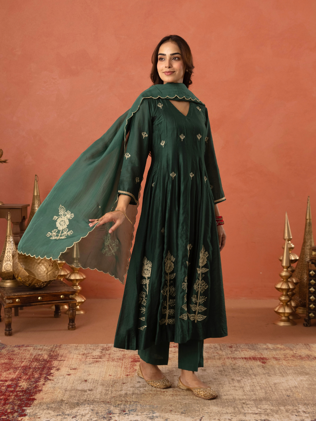 Bottle Green Floral Aari Embroidered Anarkali Set