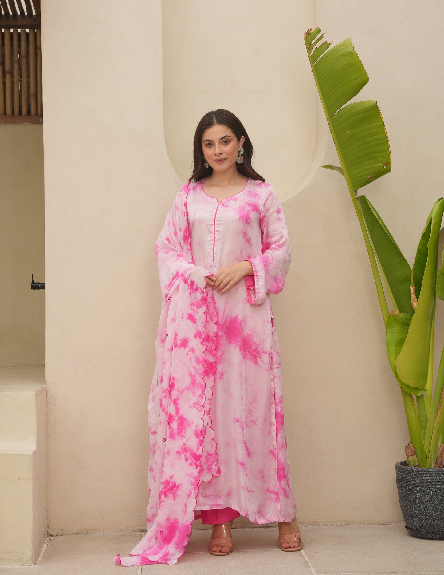 Pink Silk Shibori Mirror  Work Staright Suit Set