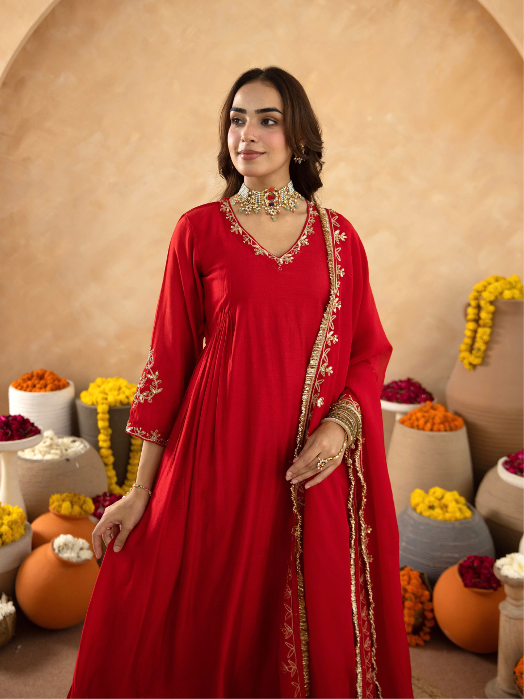 Red Hand Embroidered Chanderi Gathered Kurta Set with  Sequin Dupatta
