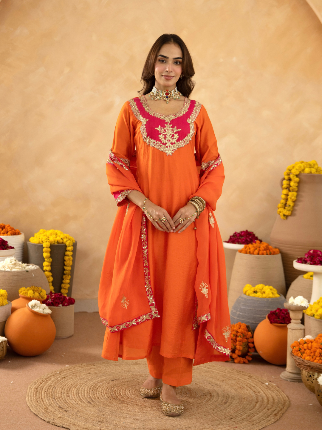 Orange Chanderi A-Line Kurta Set with Handwork Detailing &  Organza Dupatta