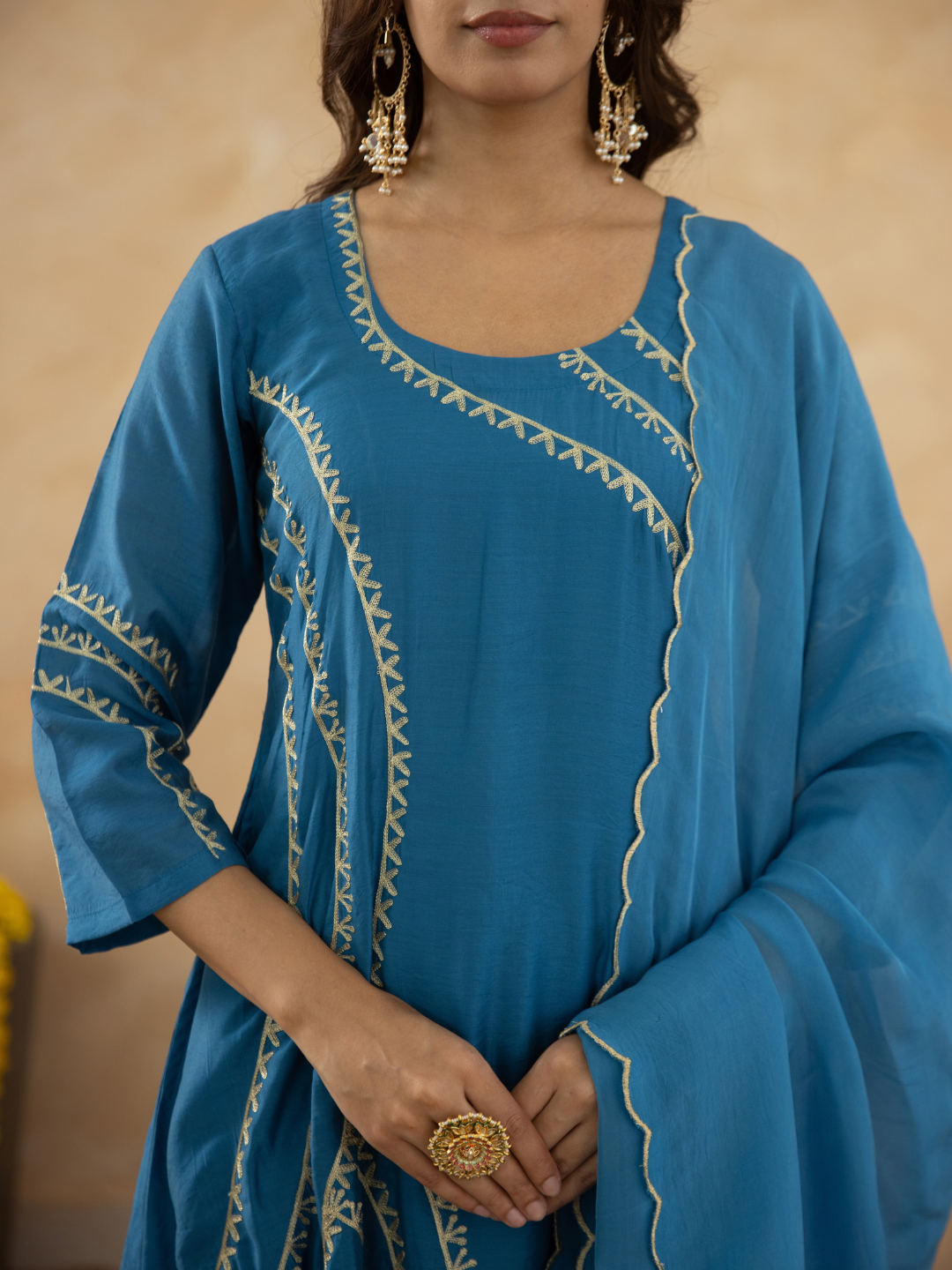 Blue Chanderi Aari Embroidered A- Line Kurta Set