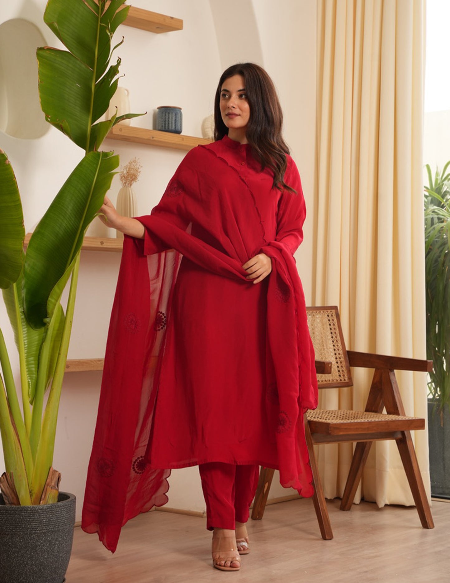 Marley Red Silk Straight Suit Set