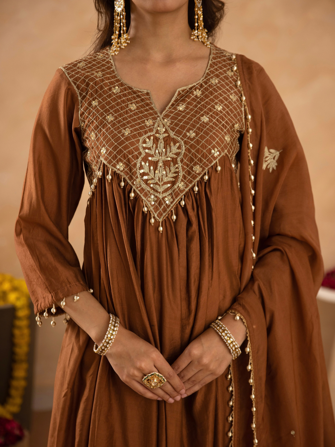 Brown Chanderi Aari & Handwork Gathered Kurta Set