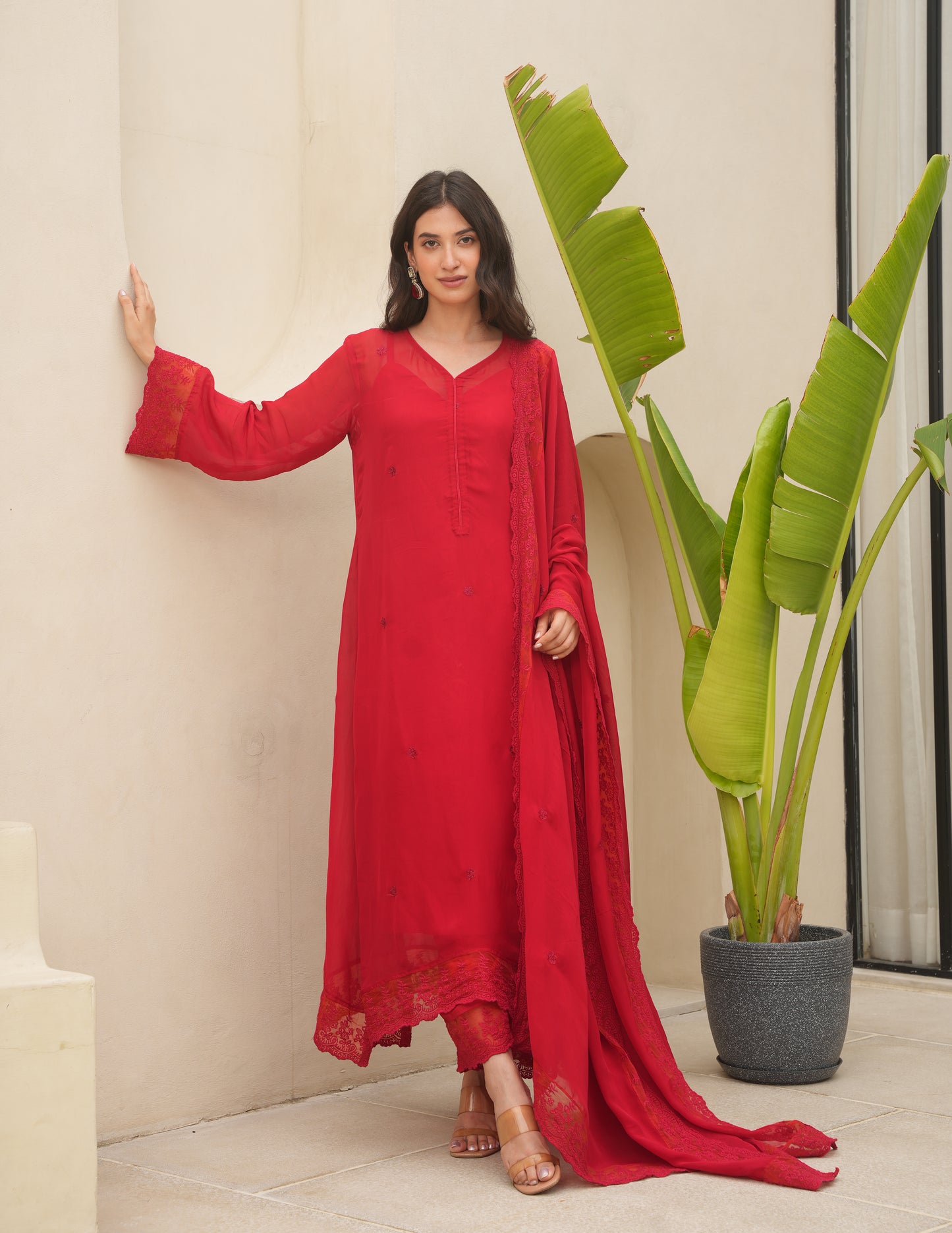 Red Organza Silk Aari Embroidered Suit Set
