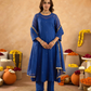 "Royal Blue Doria Hand Embroidered A- Line Kurta  Set"