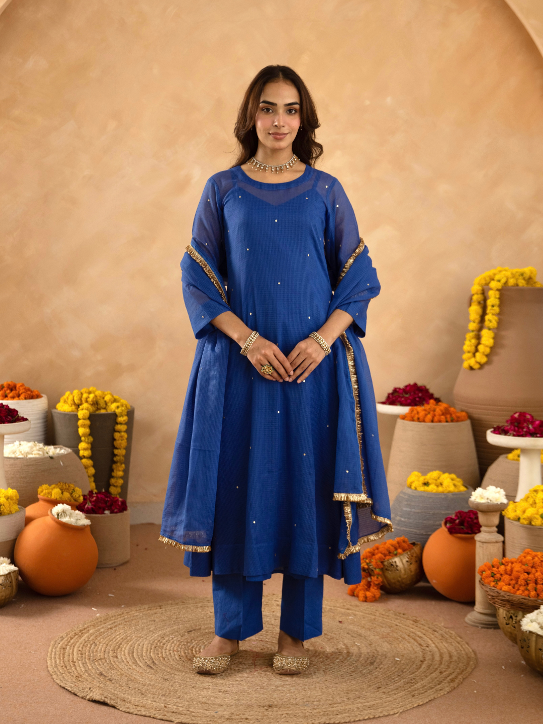 "Royal Blue Doria Hand Embroidered A- Line Kurta  Set"