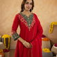 Red Zari Embroidered A-Line kurta with Dupatta