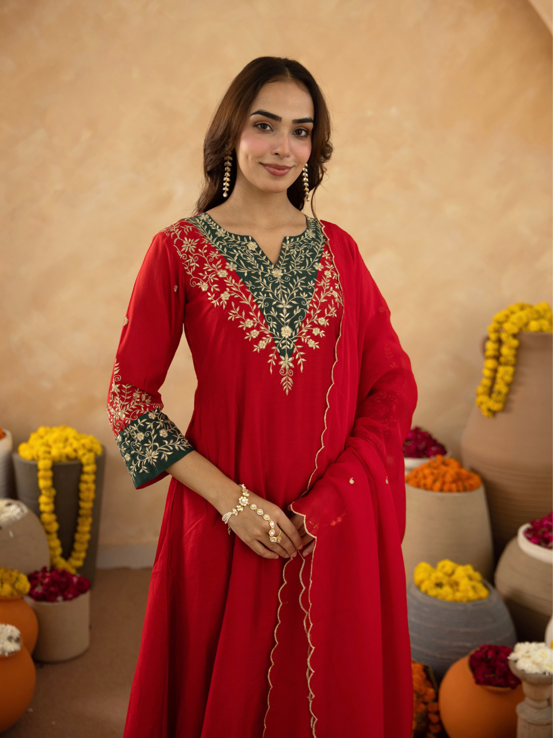 Red Zari Embroidered A-Line kurta with Dupatta