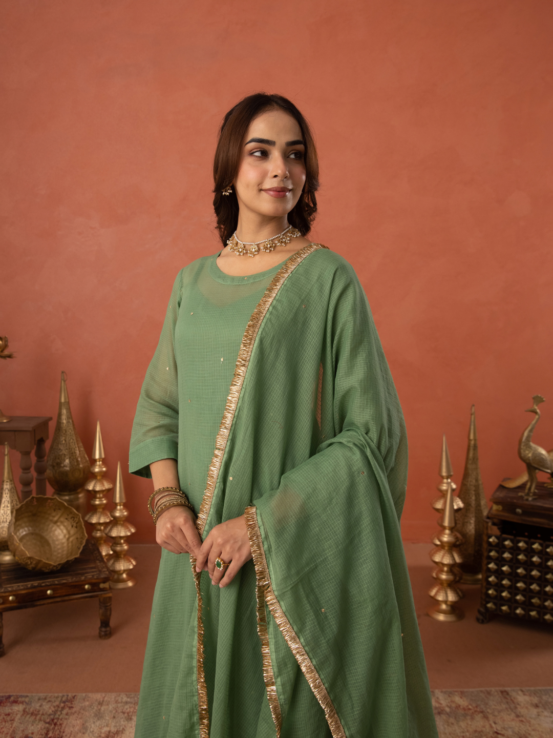 Green Doria Hand Embroidered A- Line Kurta  Set