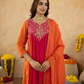 Orange Chanderi Aari & Handwork Gathered Kurta Set