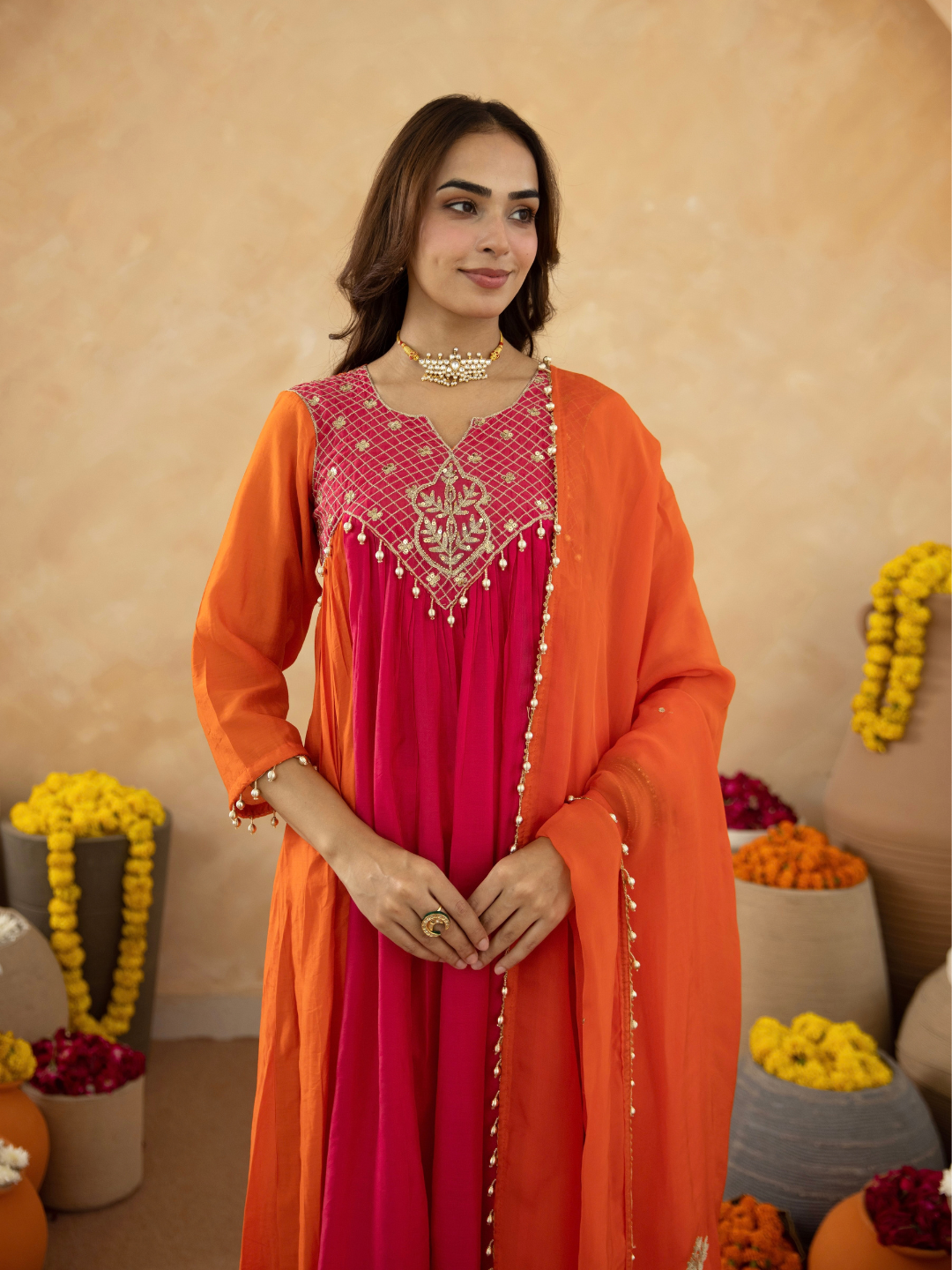 Orange Chanderi Aari & Handwork Gathered Kurta Set