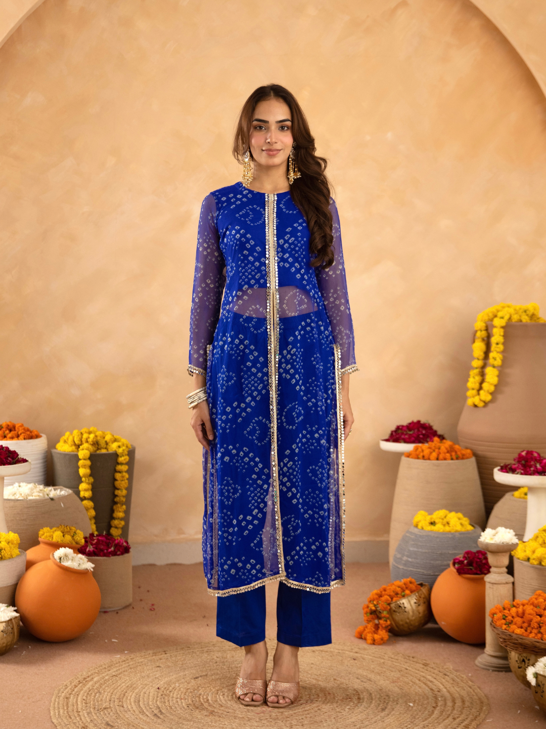 Blue Chiffon Bandhej Mirrorwork Straight Kurta