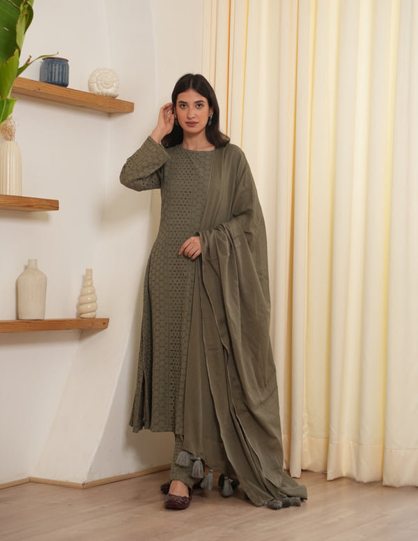 Sage Olive Schiffli  Straight Suit Set