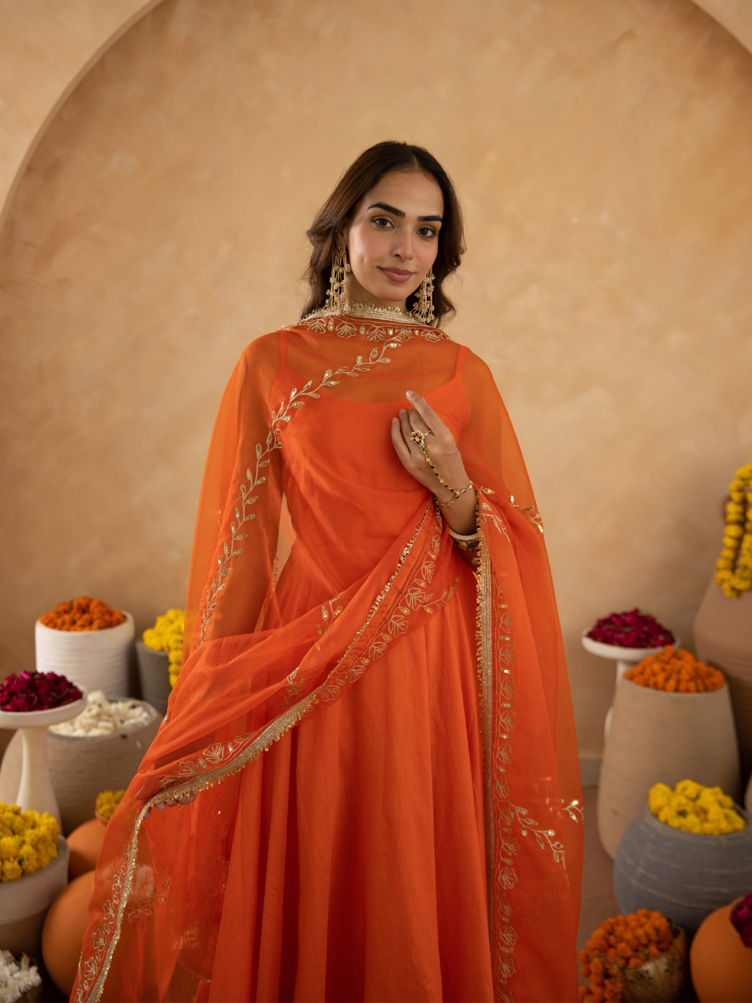 Orange Chanderi Anarkali with Aari Work & Sequin Embellished  Dupatta